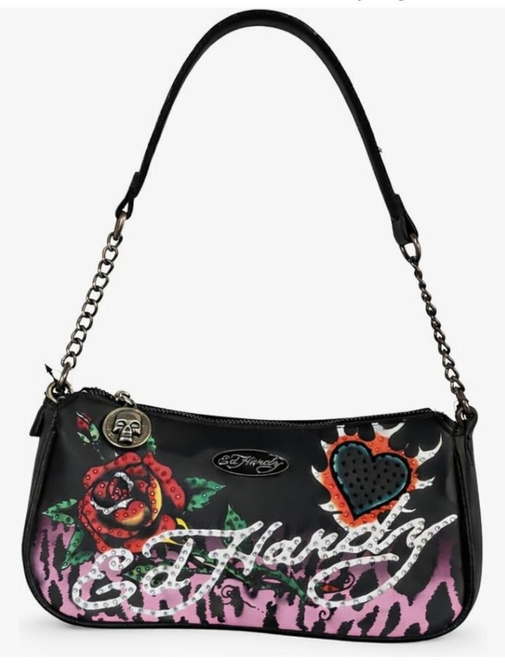 Ed Hardy Black Pink Rose Heart Shoulder Bag